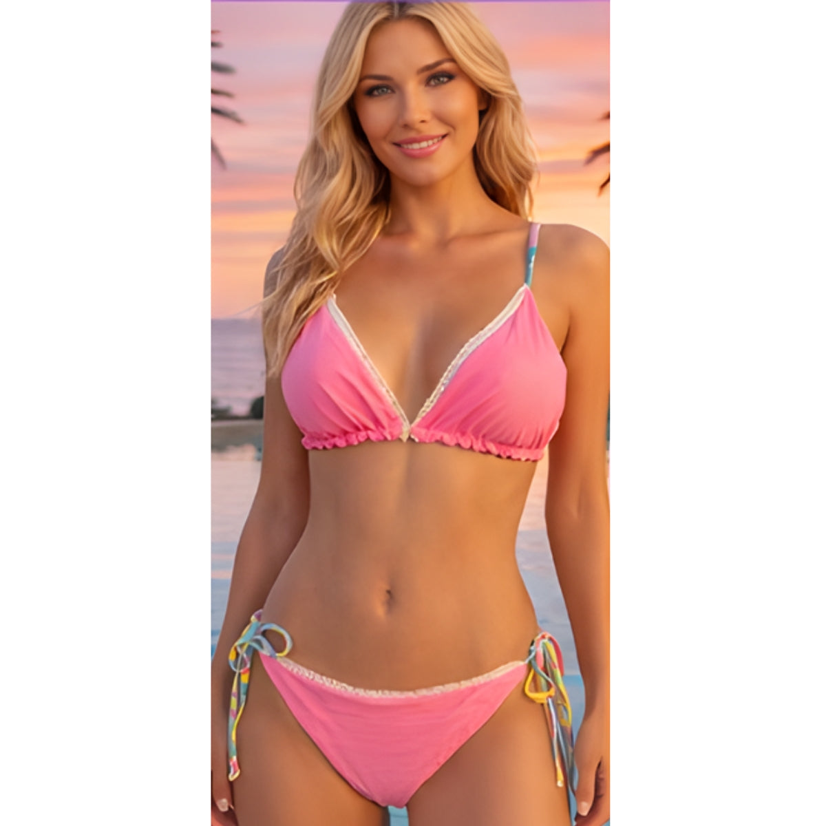 Emma pink reversible bikini set bubblegum pink lace ruffle triangle women Bella Blu
