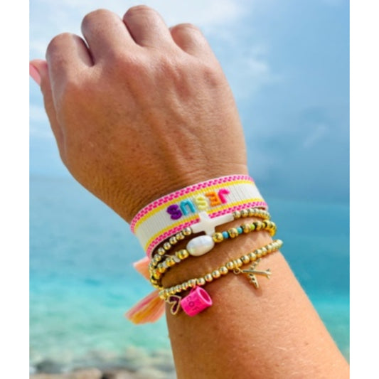 Jesus, Kirsten, Kenedy & Teresa Pink Bracelet Bundle | Adjustable Woven, Gold Filled & Pink Charm Jewelry Set