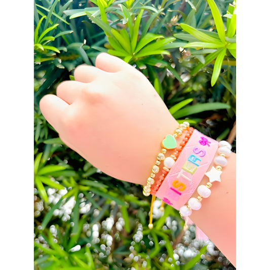Sisters, Samantha Mint, Jade in Orange & Vivianna Star Bracelet Bundle | Adjustable Woven & 18K Gold Filled Jewelry Set