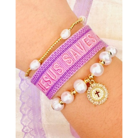 Jesus Saves, Solara & Marlyn Bracelet Bundle | Adjustable Woven Faith, Pearl & Gold Filled Jewelry Set