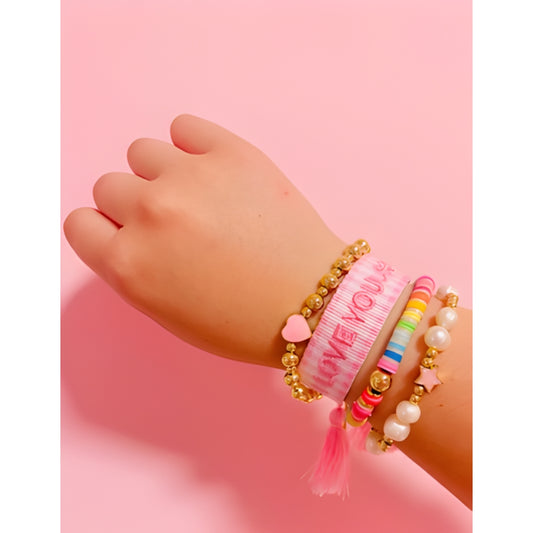 I Love You Woven, Samatha Pink, Kaylee & Nila in Pink Bracelet Bundle | Adjustable Woven & Gold Filled Jewelry Set