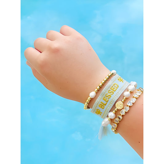 Blessed, Shiloh, Becky & Candice Clear Bracelet Bundle | Adjustable Woven, Gold Filled & Pearl Jewelry Set