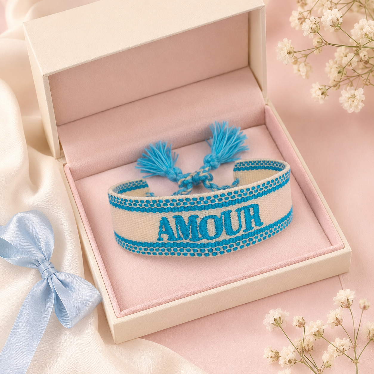 Amour blue adjustable woven bracelet displayed in a gift box