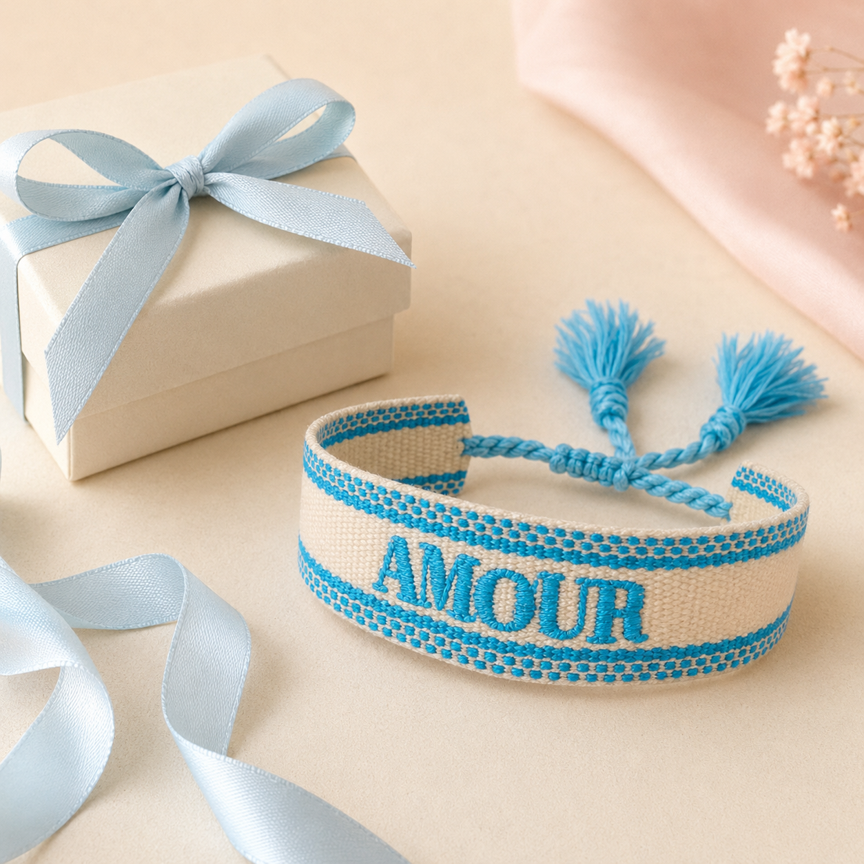 Amour blue adjustable woven bracelet displayed in a gift box