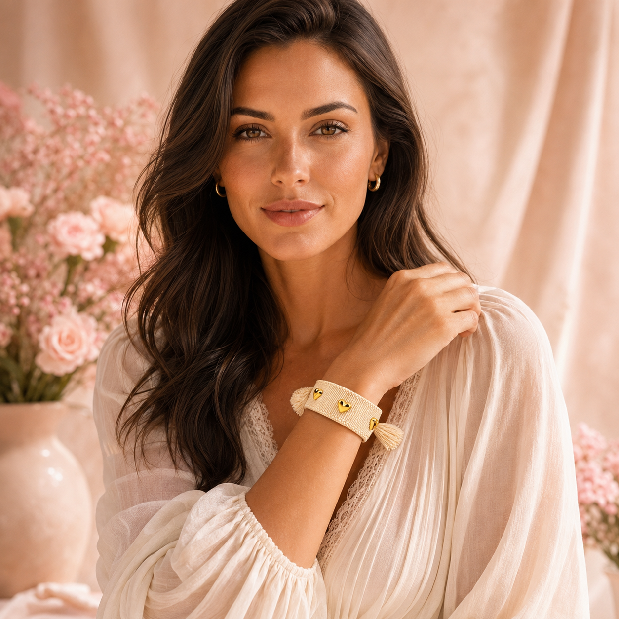 Bella Blu model wearing Jimena cream woven bracelet with gold-filled hearts