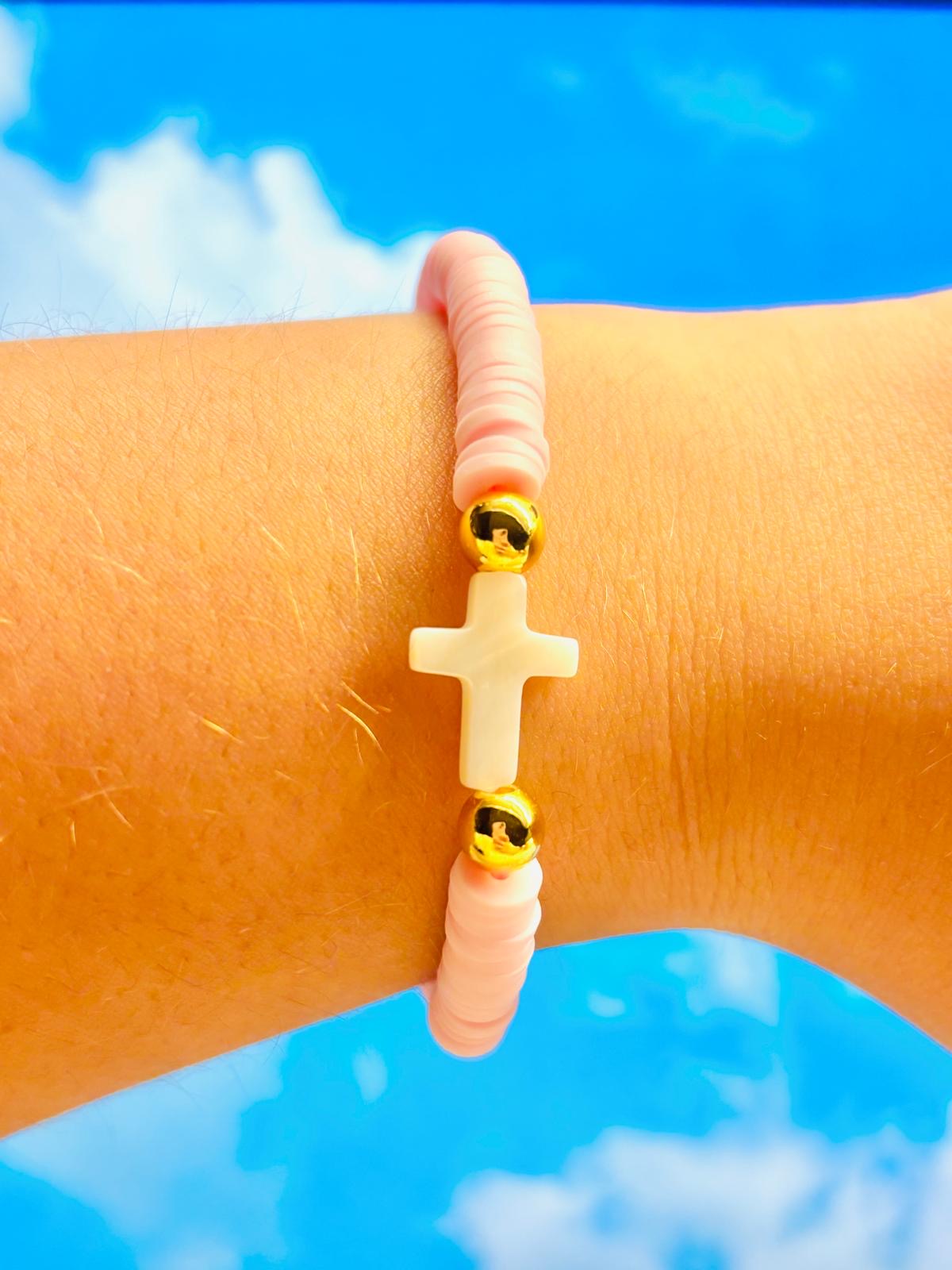 Naya mother of pearl cross and pink bracelet with 18k gold filled