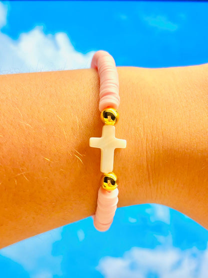 Naya mother of pearl cross and pink bracelet with 18k gold filled