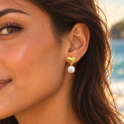 18K Gold-Filled Heart & Freshwater Pearl Drop Earrings