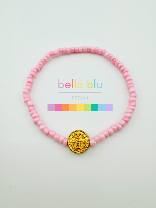 Violet pink beaded gold filled elastic bracelet