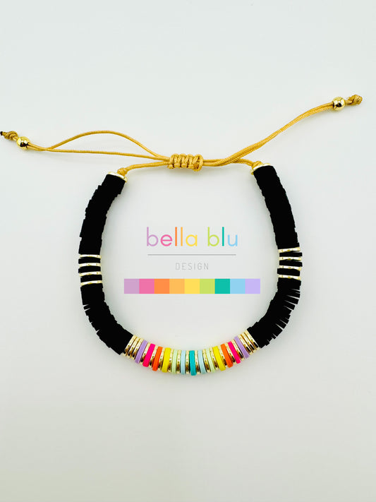 Maya black bracelet in clay beads and gold filled bracelet