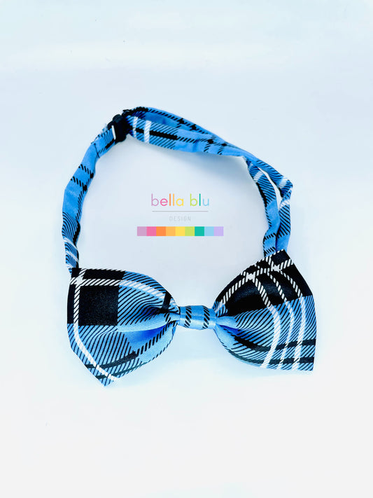 Blue adjustable black & white plaid dog bow tie