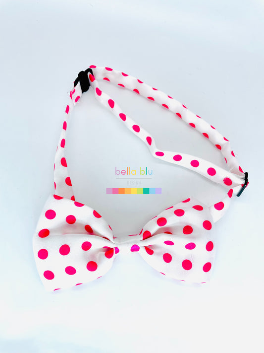 White adjustable magenta polka dot dog bow tie