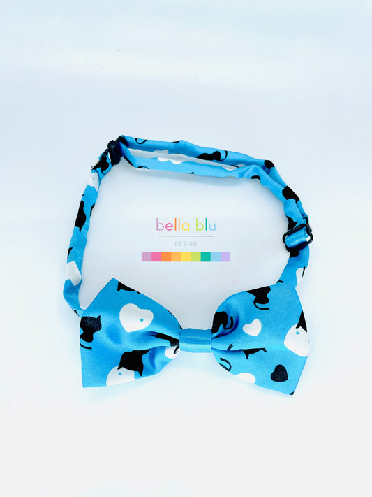 Blue adjustable black & white cat, dog bow tie