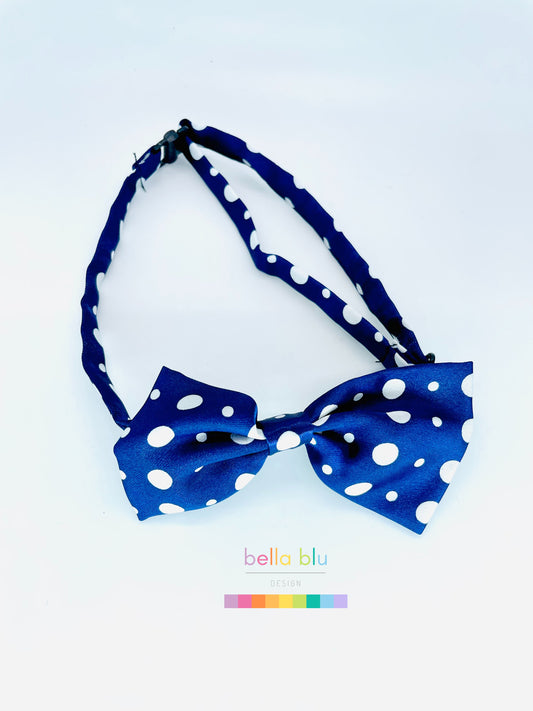 Blue adjustable white polka dot dog bow tie