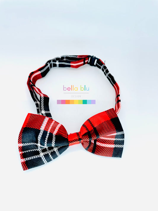 Black adjustable red and white plaid dog bow tie