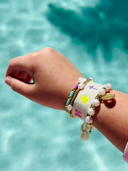 Paige widget and beige woven adjustable bracelet